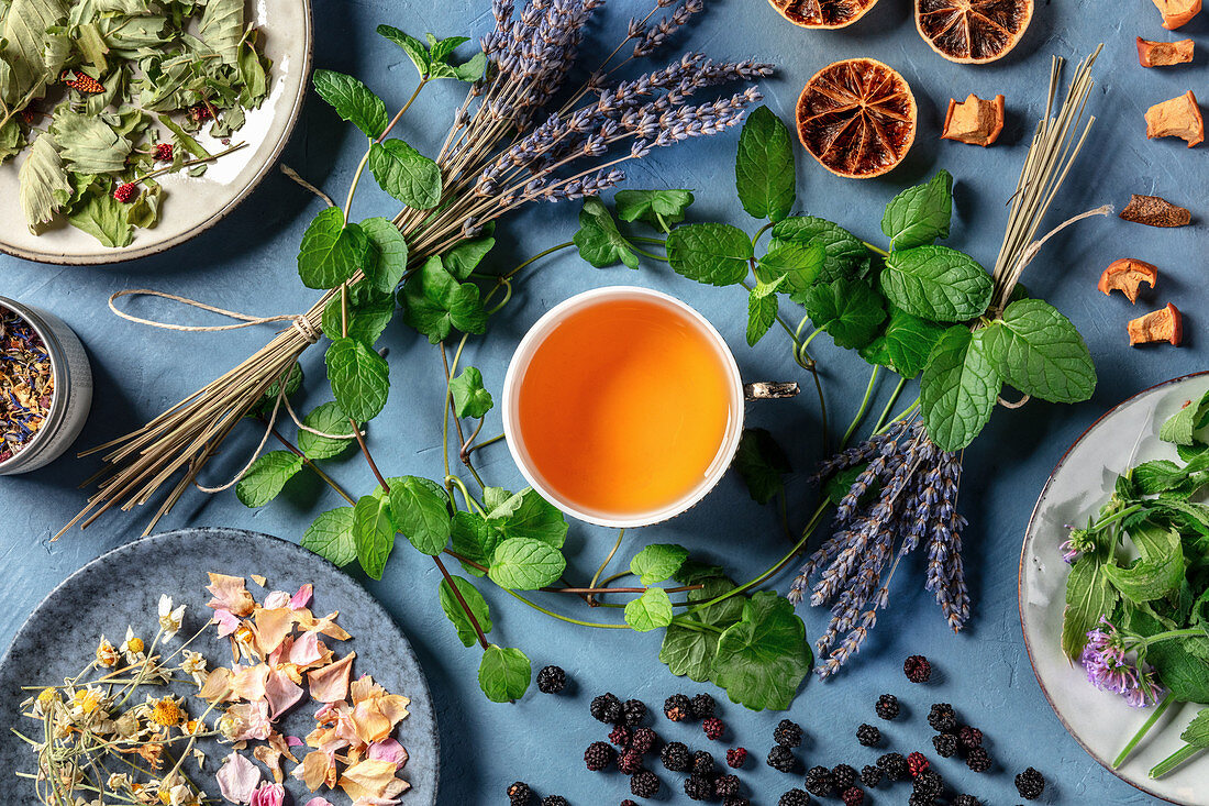 Cup of herbal tea and an assortment of ingredients, herbs, fruits and flowers