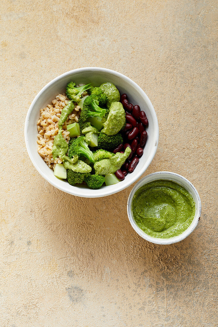 Barley and broccoli bowl with a pumpkin and lime dressing