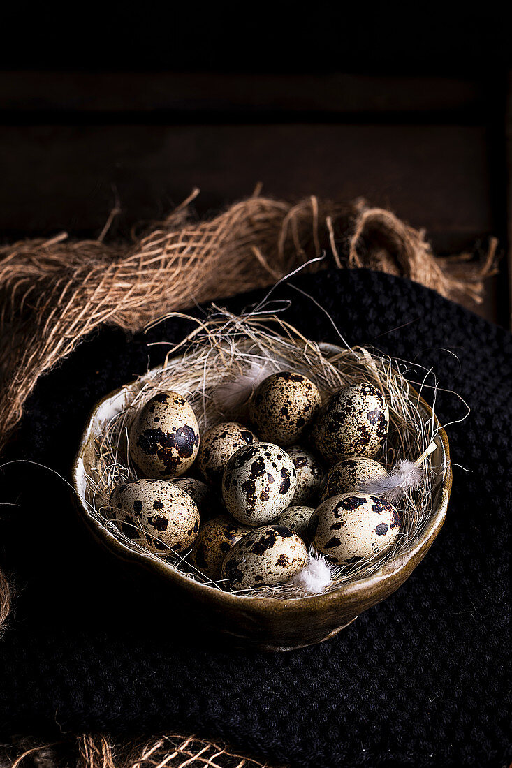 Quail eggs placed in straw