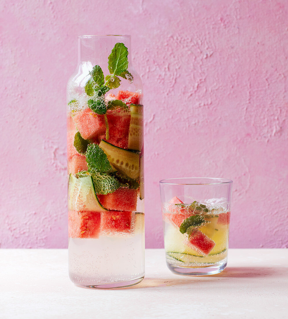 Detox water with watermelon, cucumber and mint
