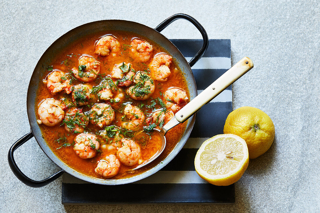 Prawns in a spicy white wine broth (Portugal)