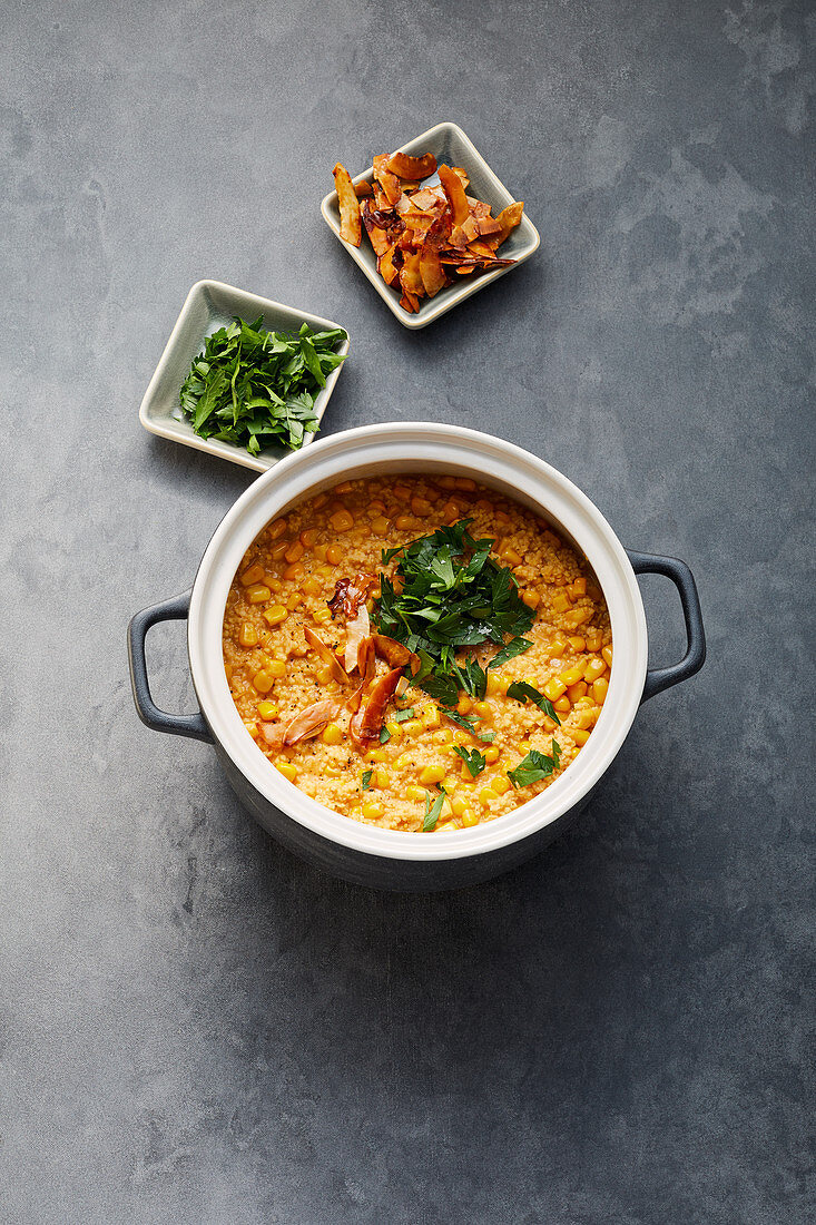 Vegan sweetcorn and millet one pot with a coconut topping