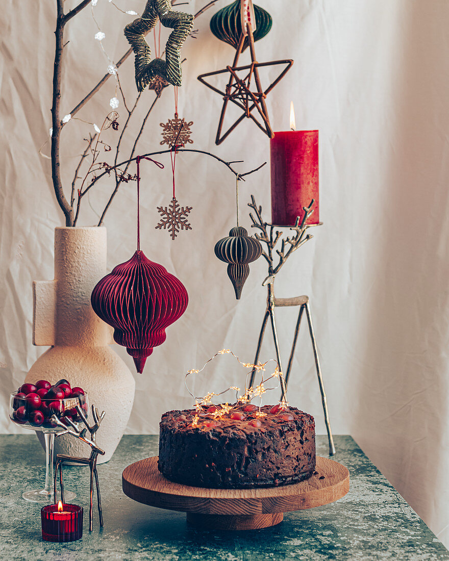 Festive Fruit Cake with Christmas Lights decorations