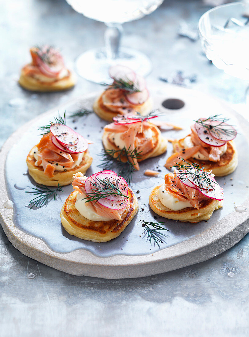Spelt Blini with Hot Smoked Salmon and Creme Fraiche