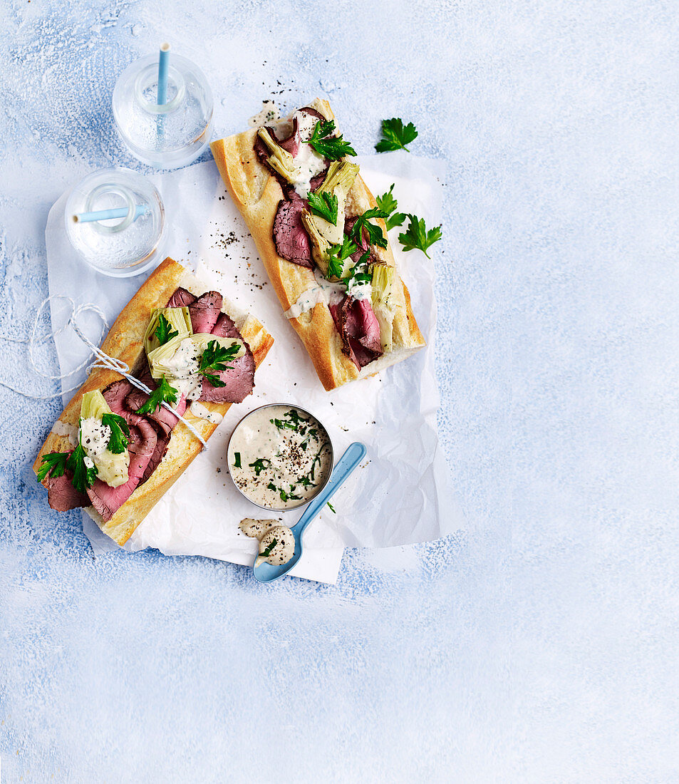 Roast Beef, Artichoke tuna Aioli Baguettes