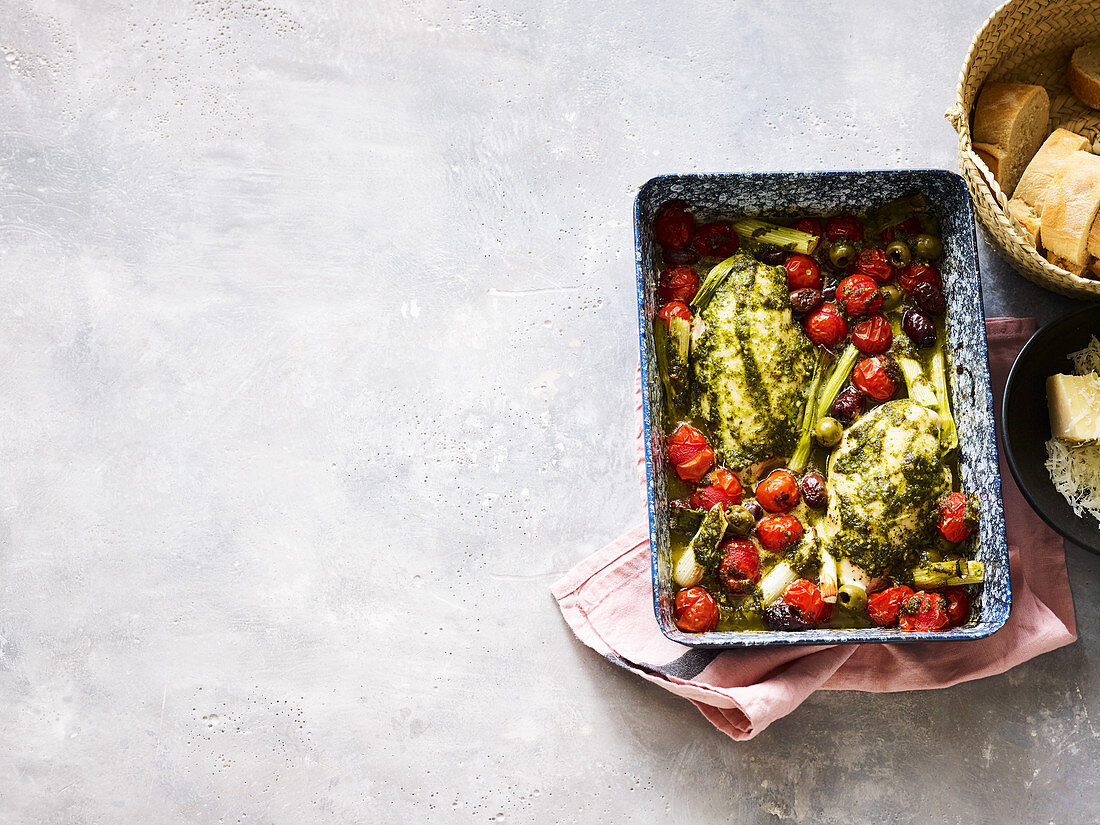 Oven-baked pesto chicken with cherry tomatoes