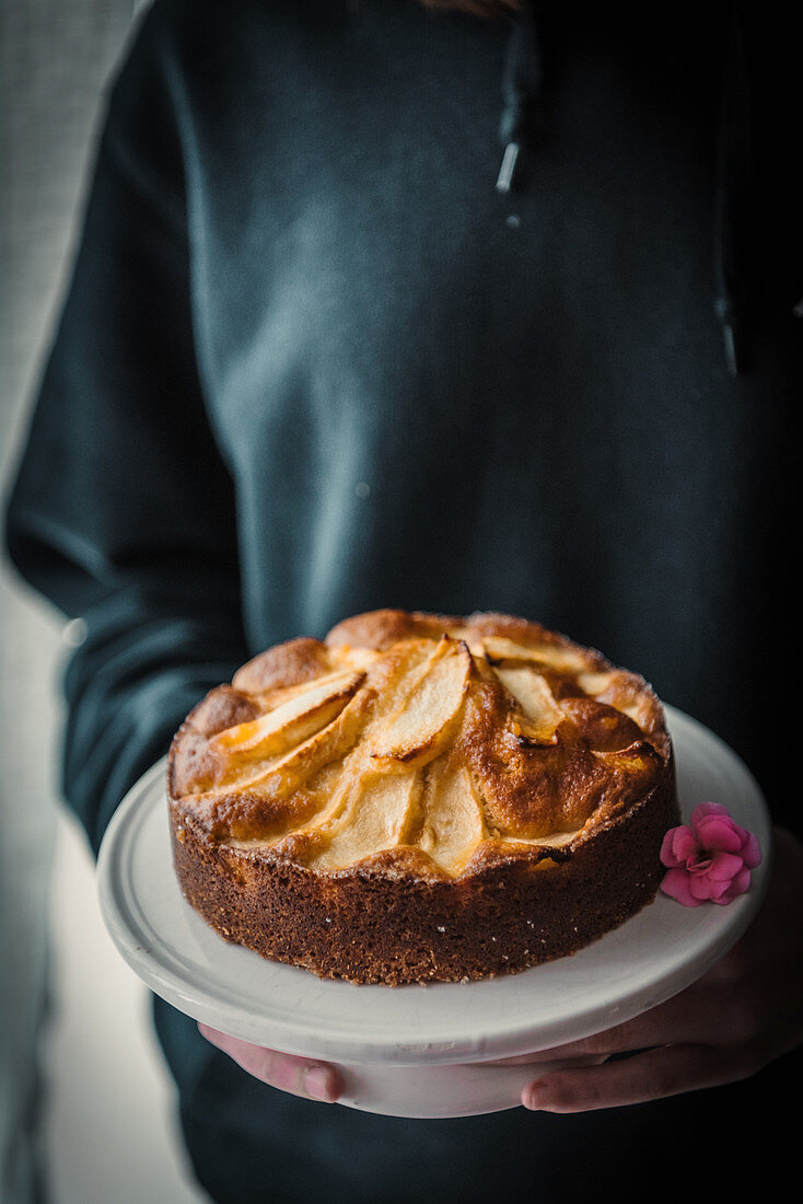 Hands holding plate with freshly baked apple cake
