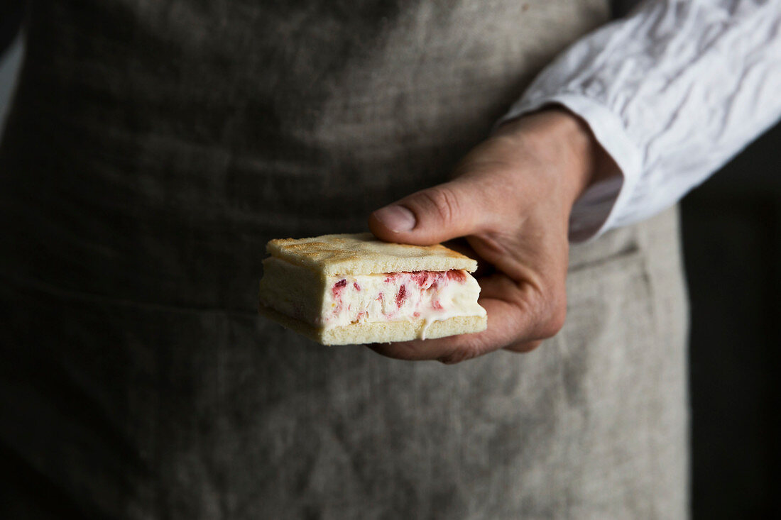A cheesecake ice cream sandwich with strawberries