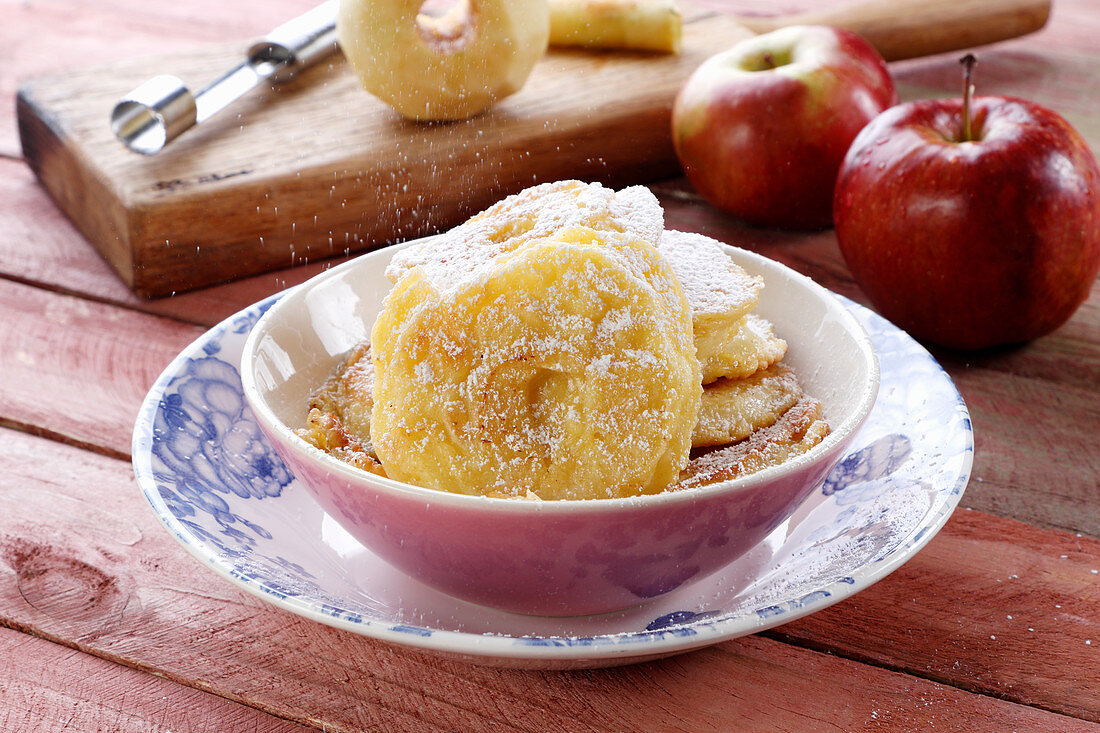 Apple slices fried in pancake batter