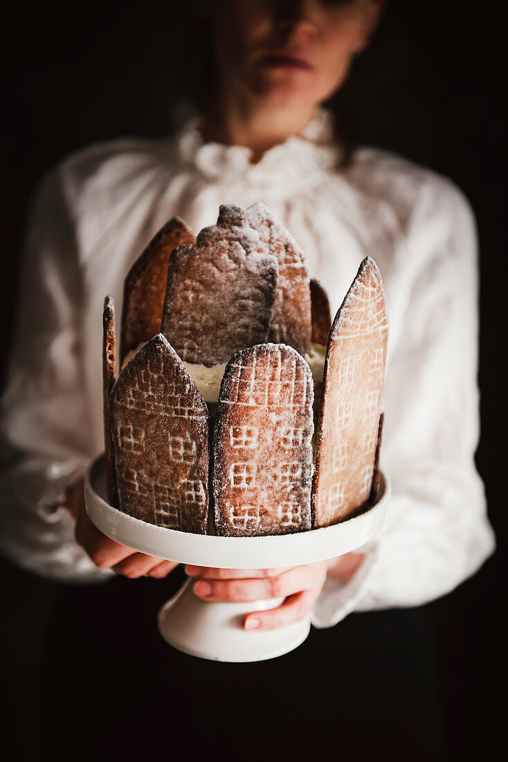 Christmas cake decorated with gingerbread houses