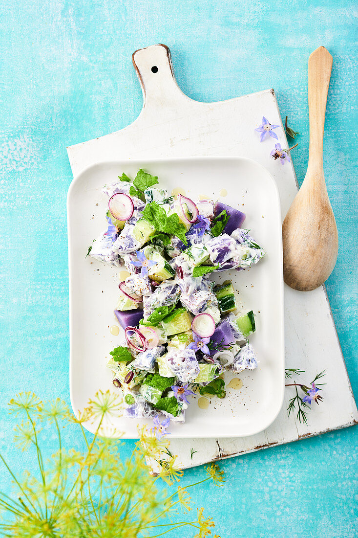 Purple potato salad with sour cream, cucumber and borage