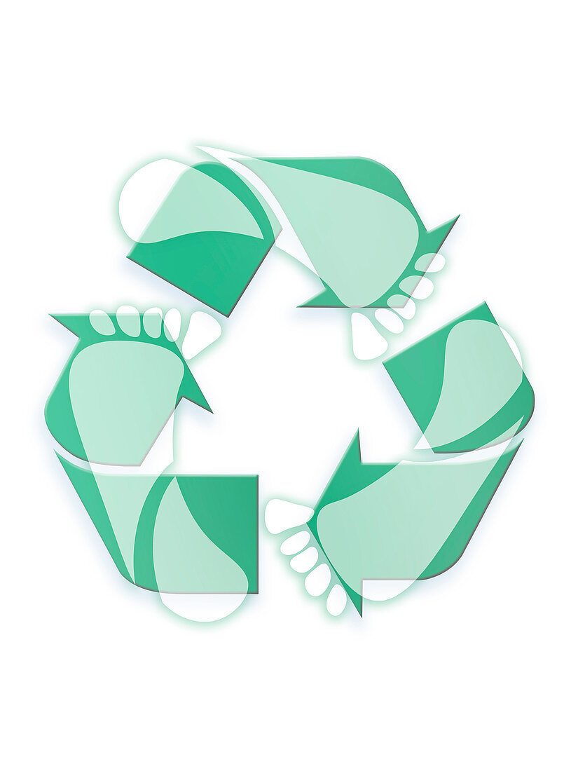 Recycling symbol with footprints, illustration