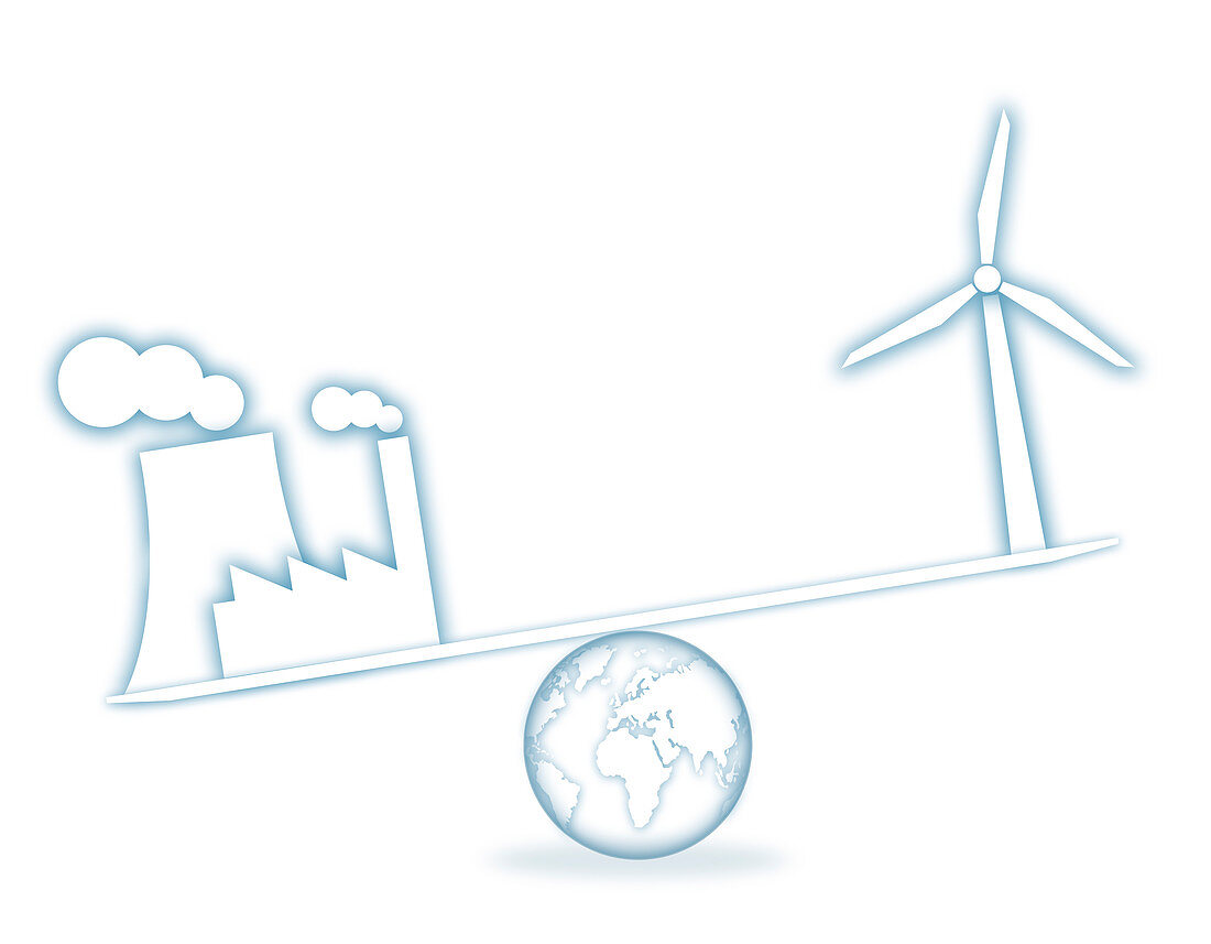 Scales with industry and wind turbine, illustration