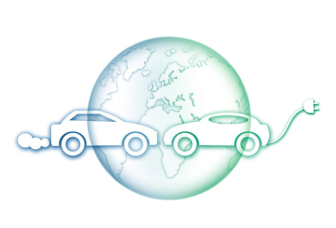 Earth with electric car and fuel car, illustration