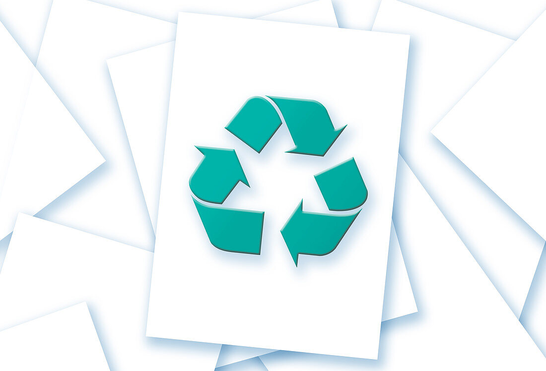 Sheets of paper with recycling symbol, illustration