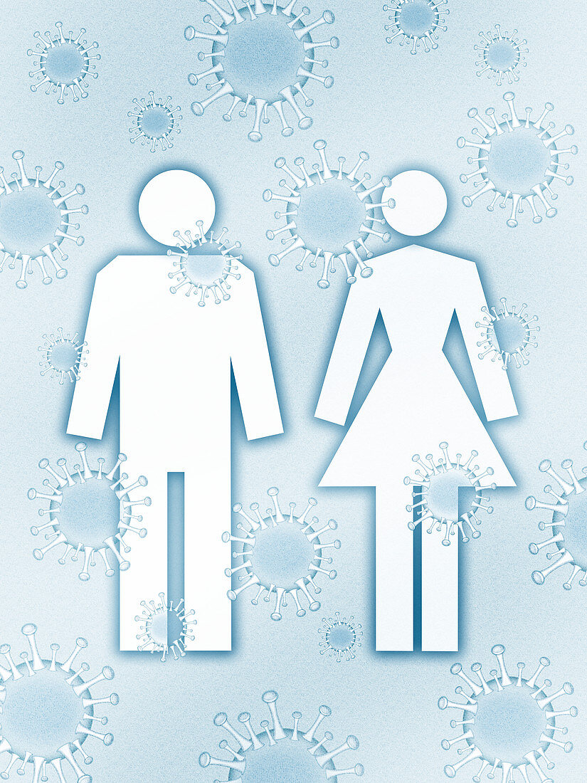 Man and woman surrounded by covid-19 viruses, illustration