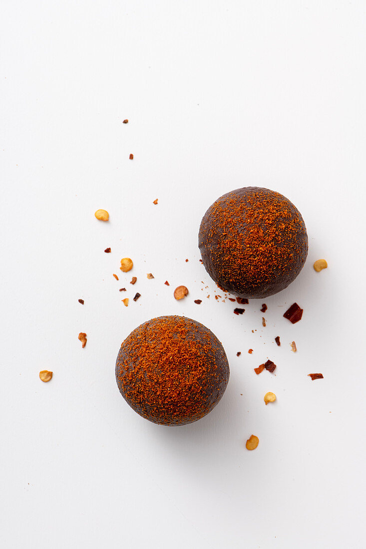 Dark chocolate truffles with chilli and mint
