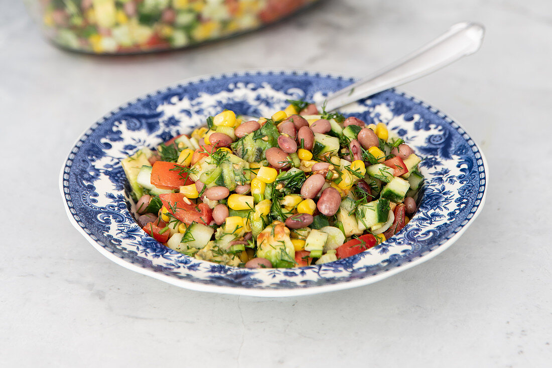 Red bean salad with corn, cucumber, tomatoes