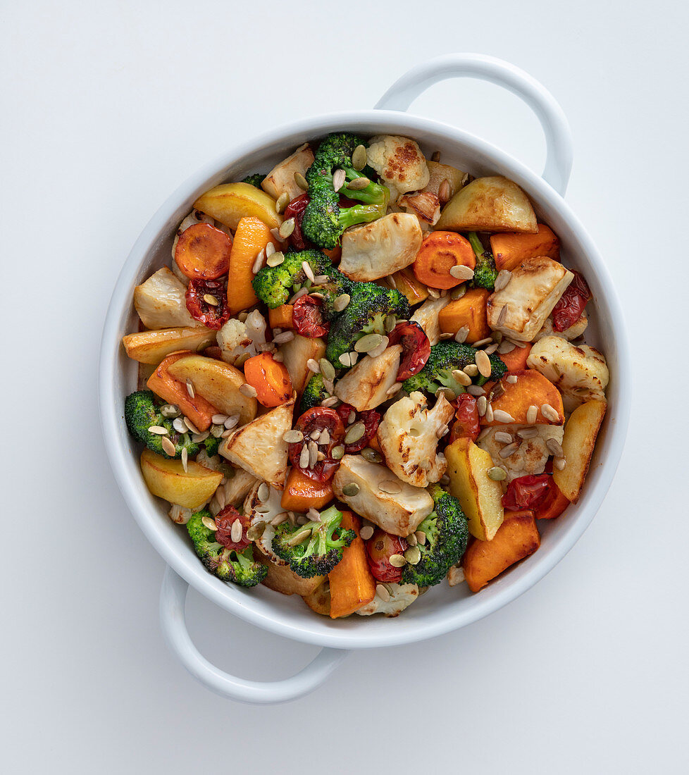 Sweet-and-sour oven-roasted vegetables in a baking dish