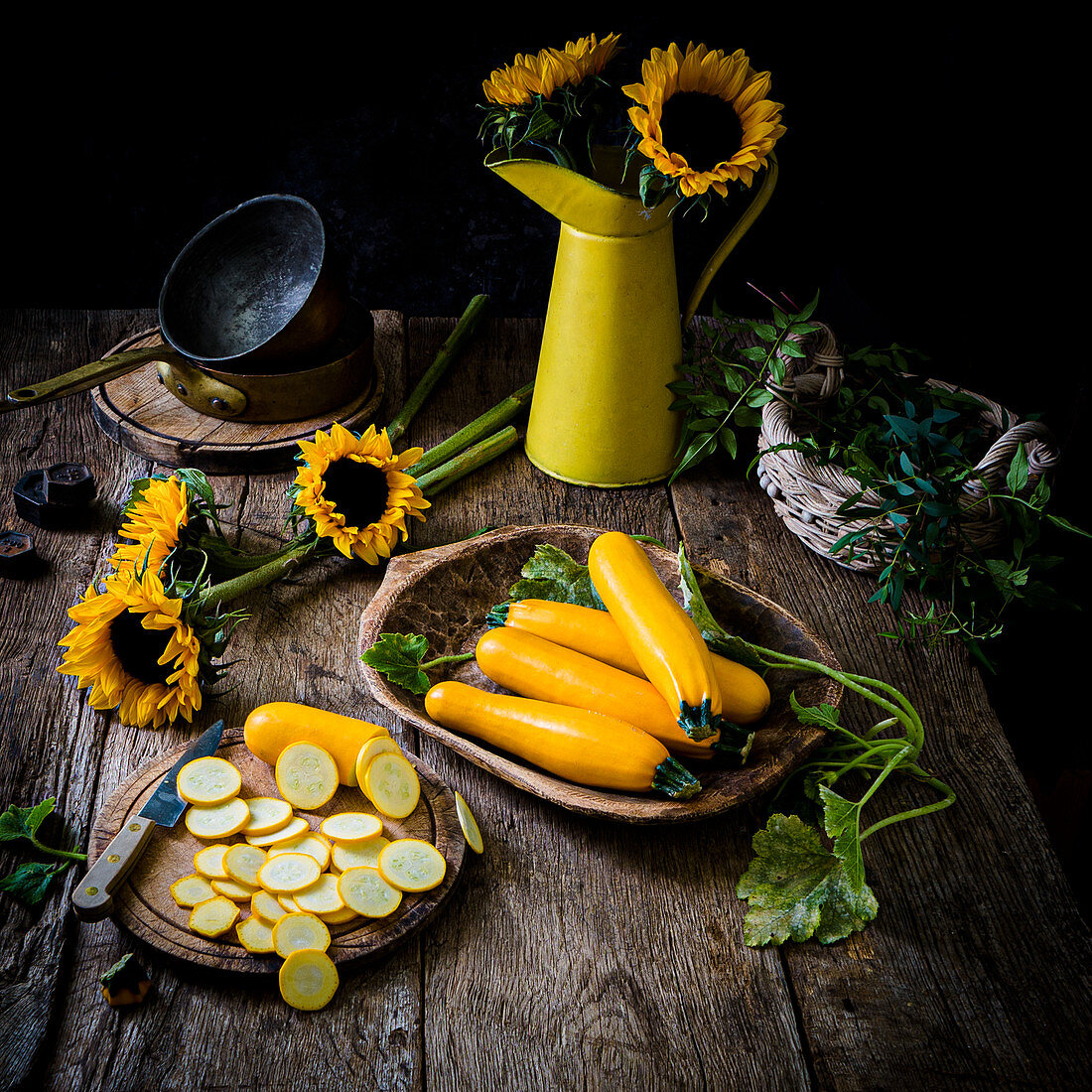 Yellow courgettes chopped with sunflowers