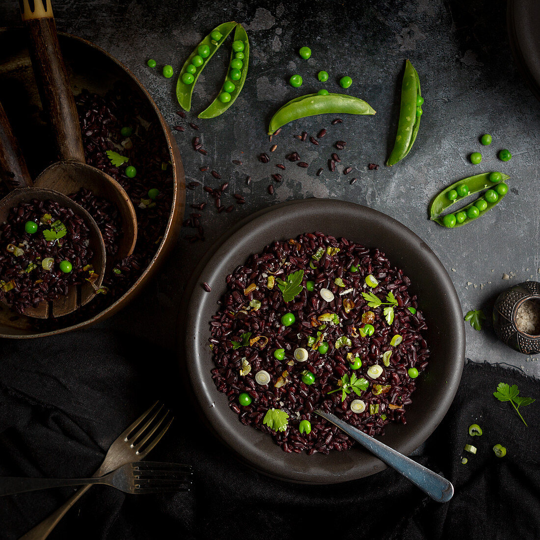 Black Rice Salad Peas Spring onion and parsley