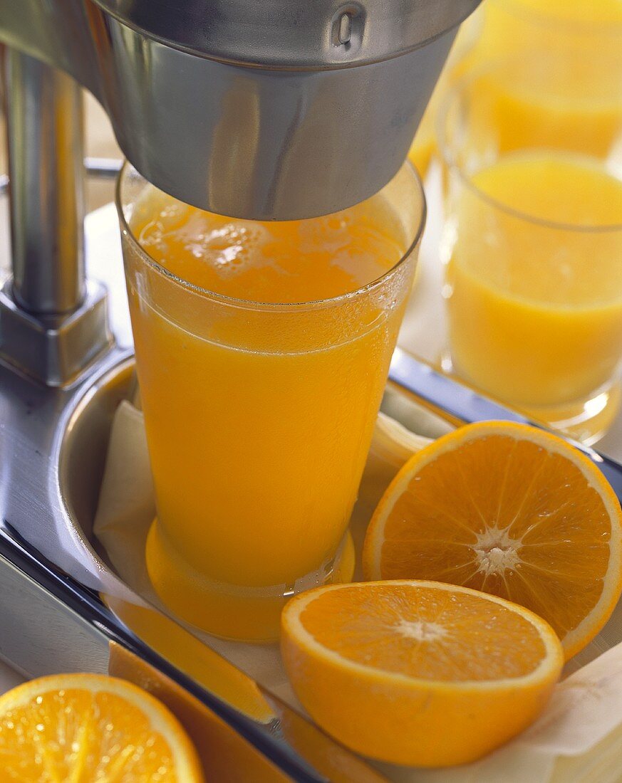 Glas frisch gepresster Orangensaft unter der Saftpresse