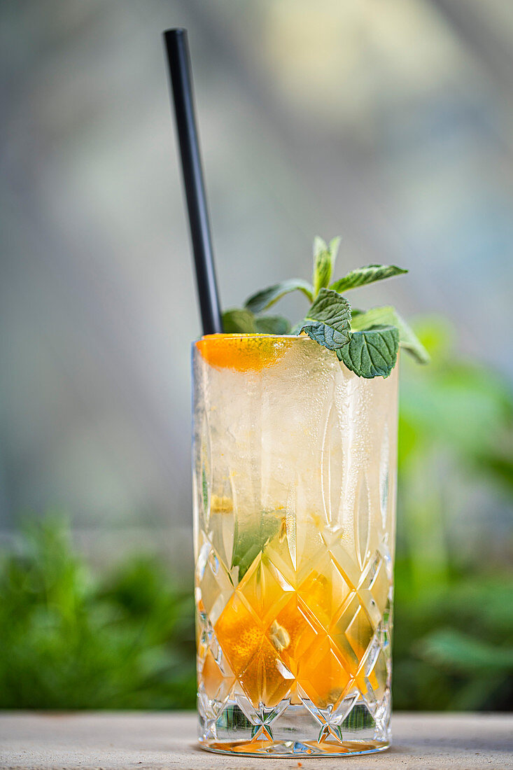 'Orange Fizzy' mit Gin, Mandelsirup, Limettensaft, Kumquats und Minze