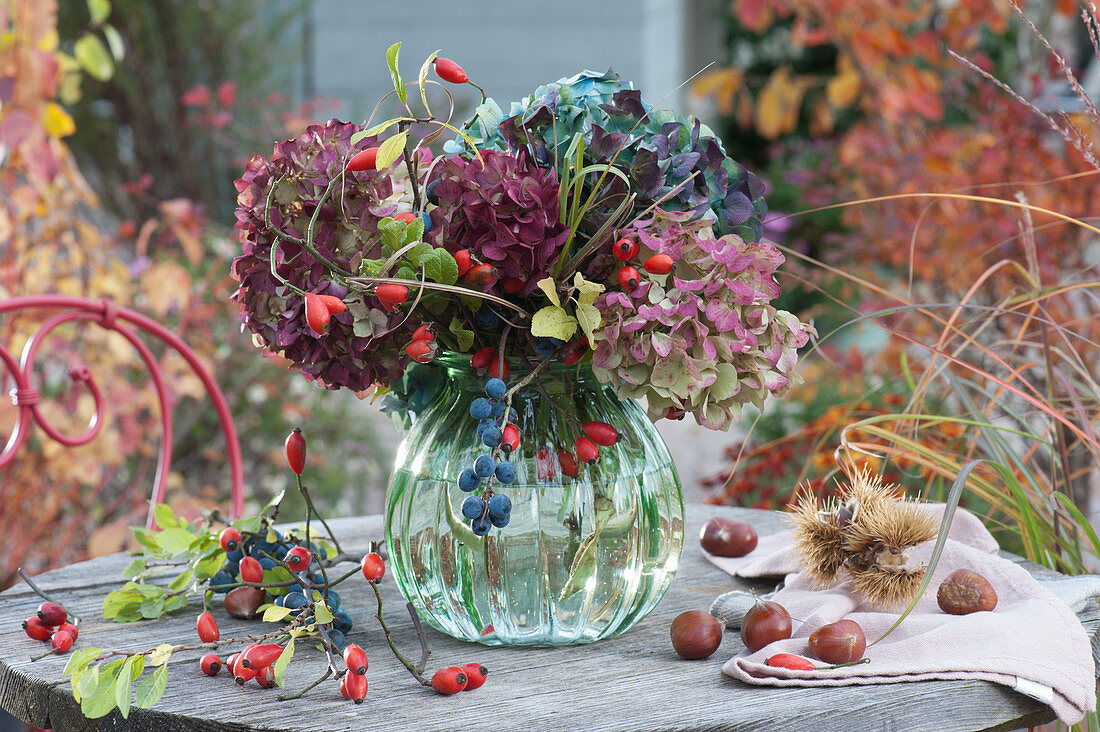 Autumn bouquet of hydrangea blossoms, twigs with rose hips and sloes, and grasses