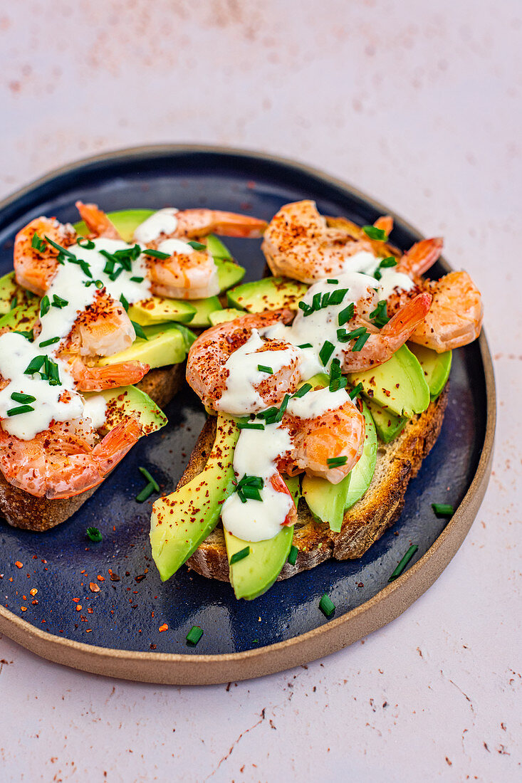 Avocado Slices on Toast with Fried Prawns, Aleppo Pepper and Aioli