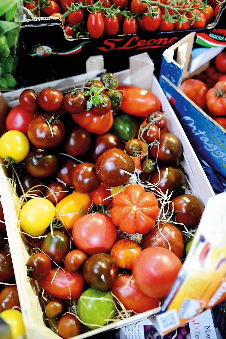 Various types of tomatoes in crate