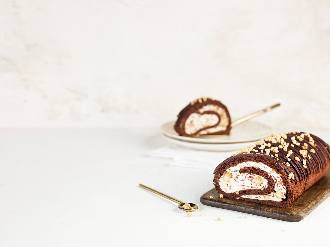 A banana split Swiss roll, sliced