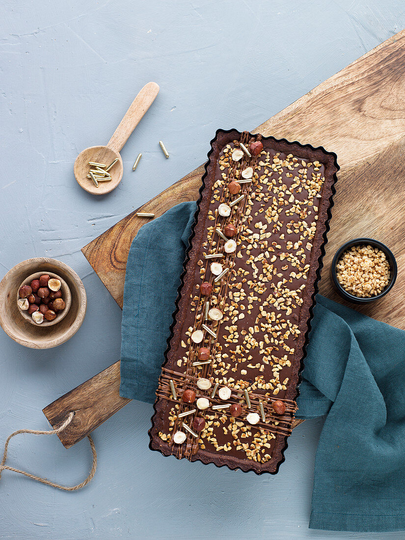 Nut nougat cake in a baking tin