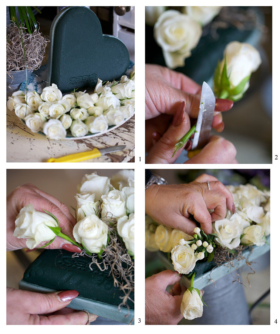 Herzförmiges Gesteck aus weißen Rosen und Bouvardie herstellen