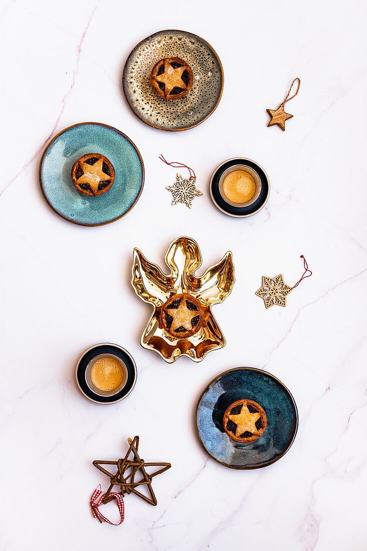 Mince Pies with golden angle plate and decorations