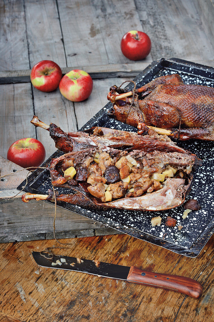 Wild goose with an apple and chestnut stuffing