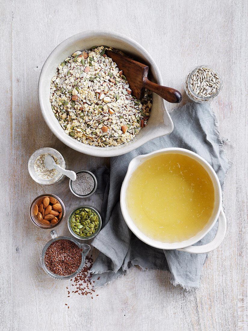 Ingredients for bread with nuts and seeds