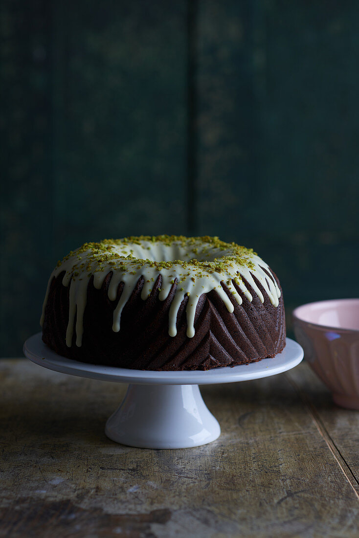 Chocolate Bundt cake with a pistachio glaze