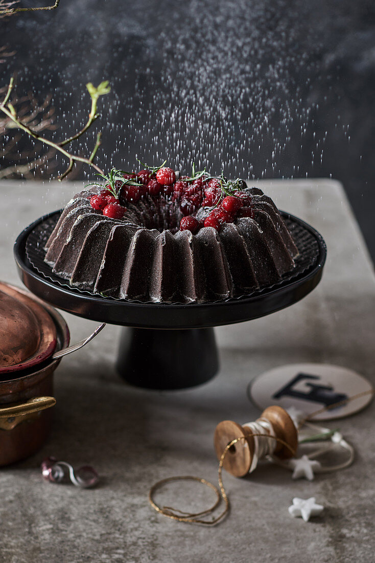 A chocolate Bundt cake with winter decorations on a cake stand