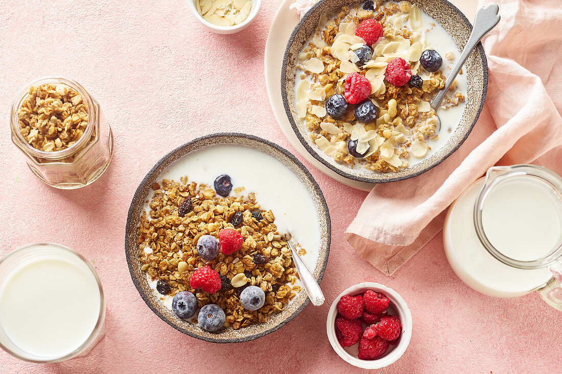 Granola with nuts, oats, berries and milk