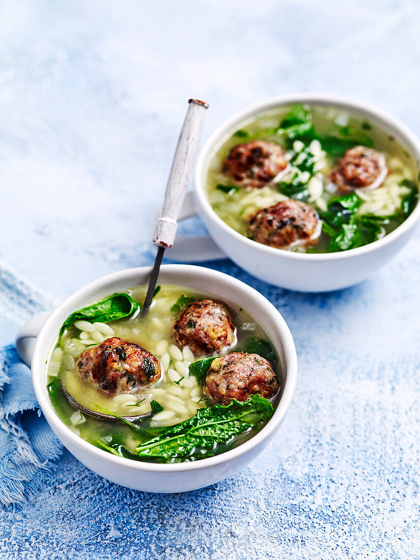 Risoni soup with pork and fennel sausage meatballs