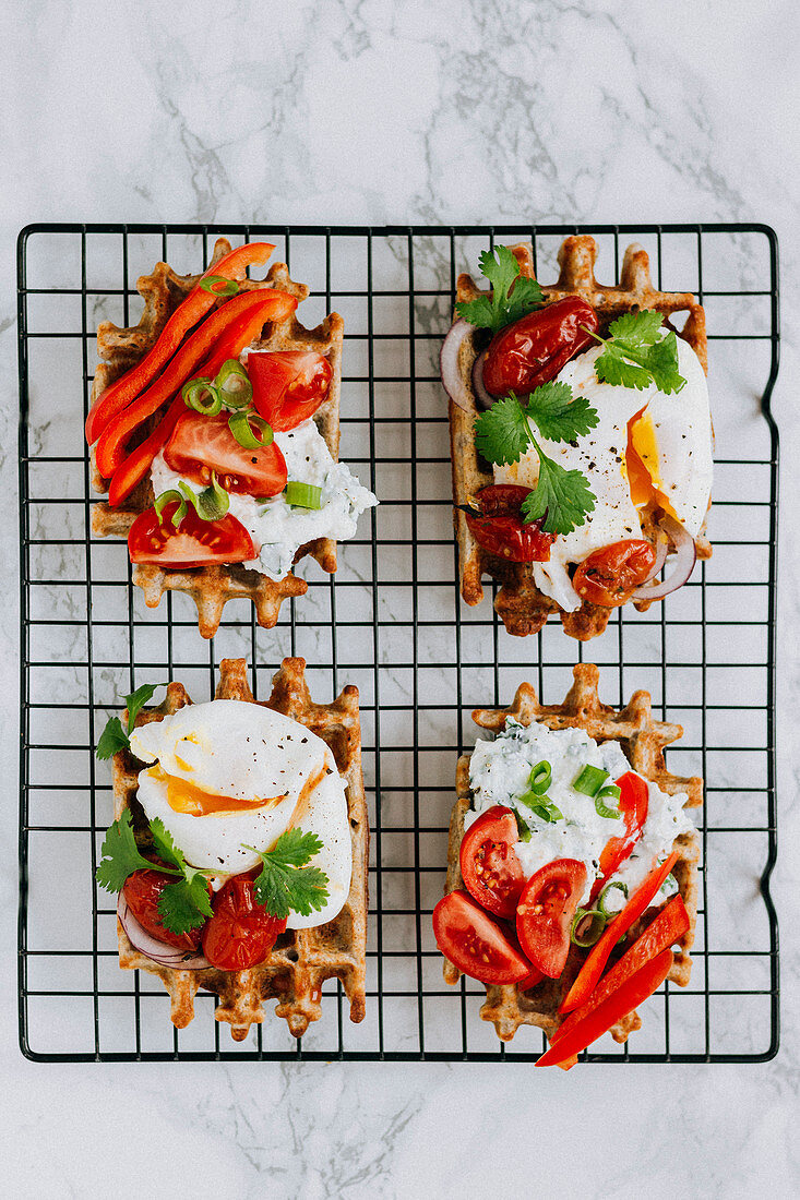 Savoury waffled with poached eggs and vegetables