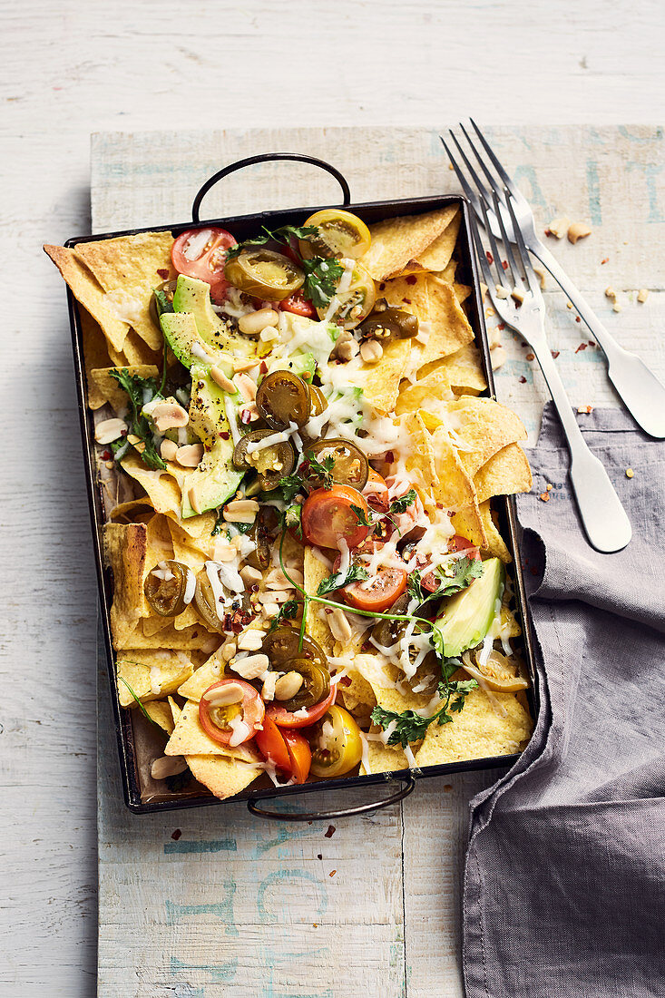 Nachos mit Ziegenkäse, Avocado, Jalapenos, Tomaten, Koriander und Erdnüssen