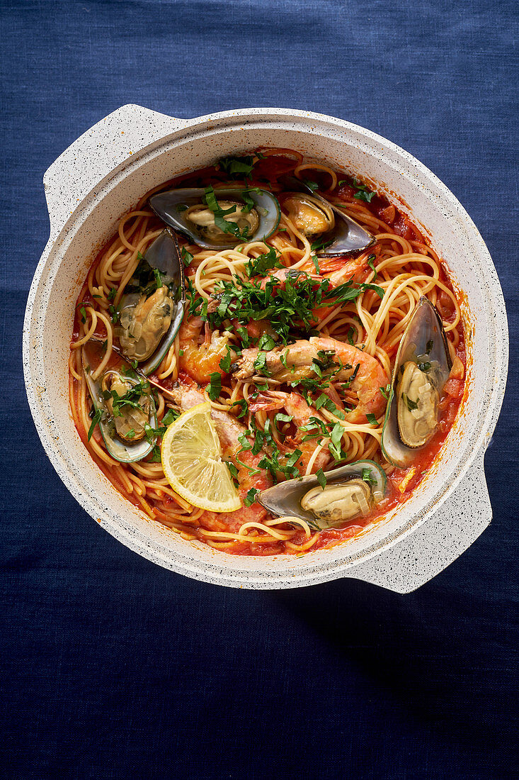 Seafood pasta with shrimps, mussels and tomato sauce