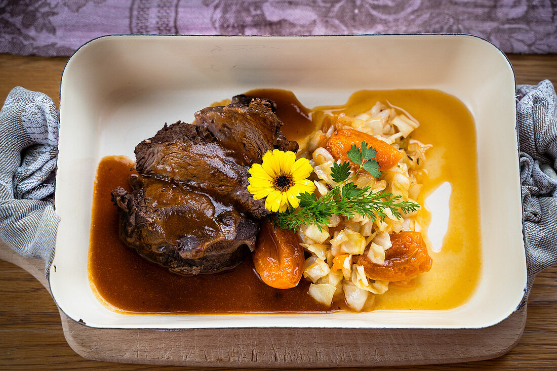 Roast Beef with Pasta and Braised Apricots