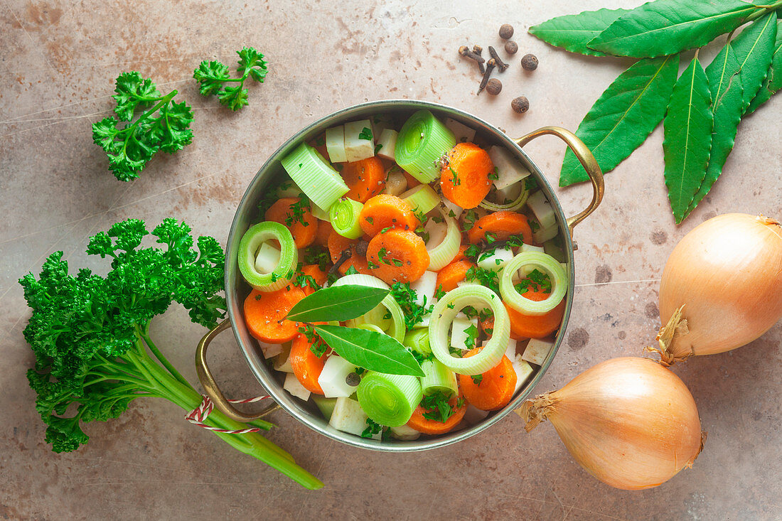 Ingredients for vegetable broth in a pot