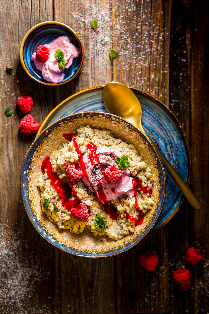 Millet and poppy seed porridge with raspberries