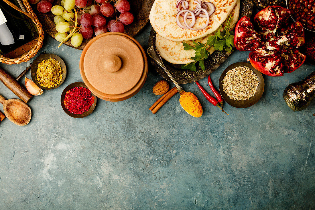 Middle eastern ingredients - kebab bread, wine, herbs and spices