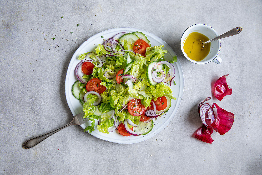 Bunter Salat mit Tomaten und roten Zwiebeln