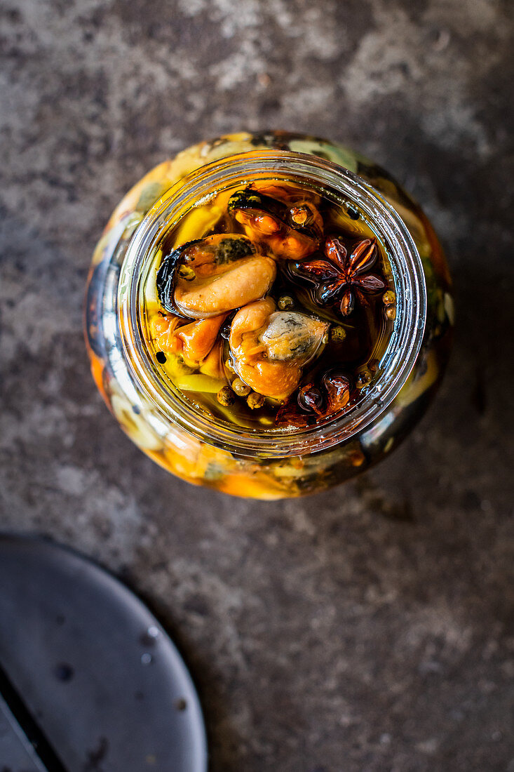Pickled mussels in a jar