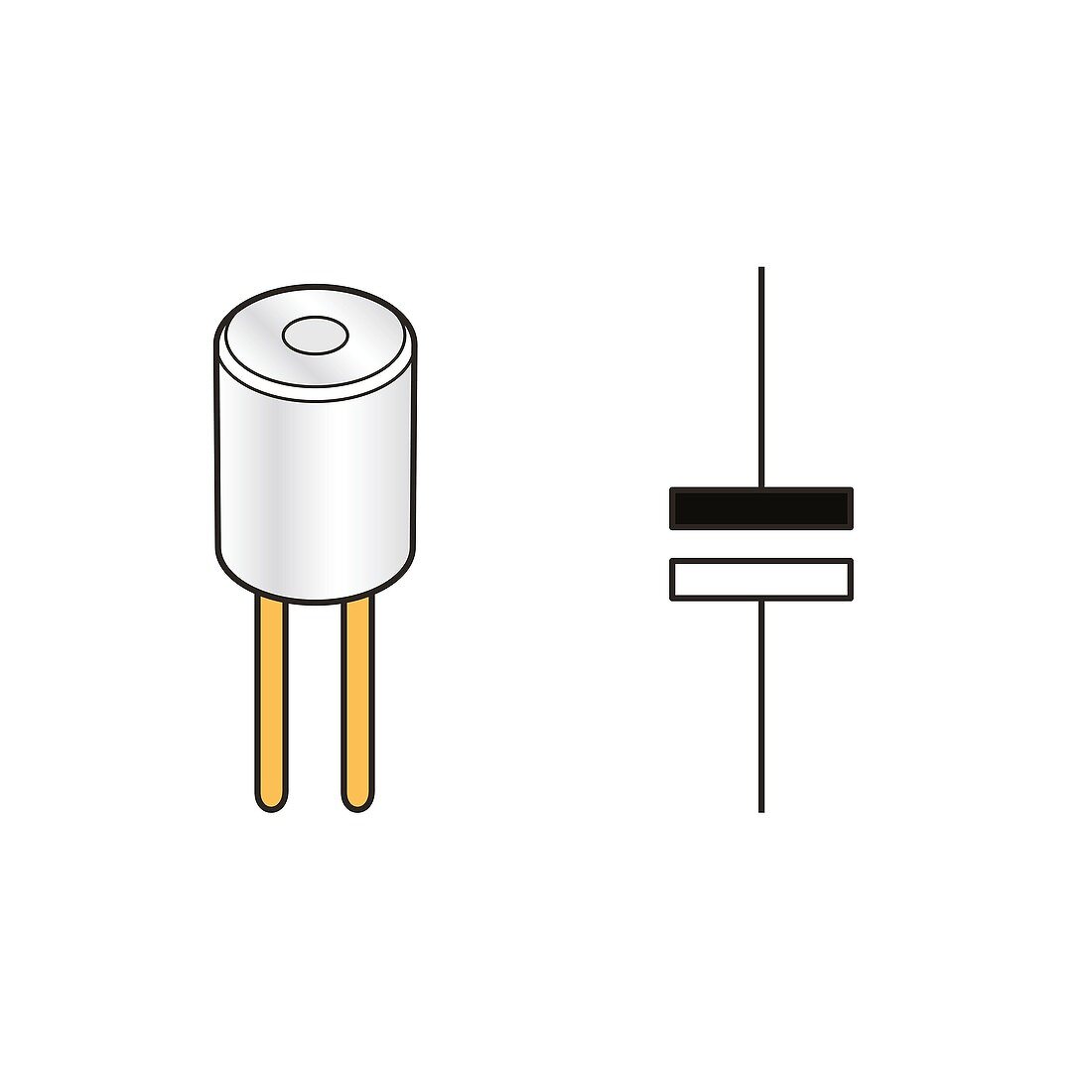 Electrolytic capacitor and circuit symbol, illustration